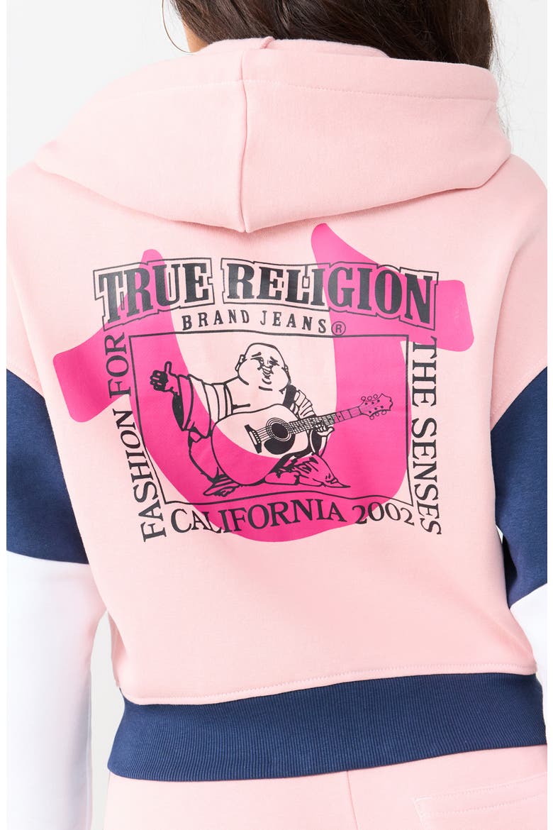 Colorblock Crop Zip Hoodie, Alternate, color, DULL PINK / DRESS BLUE