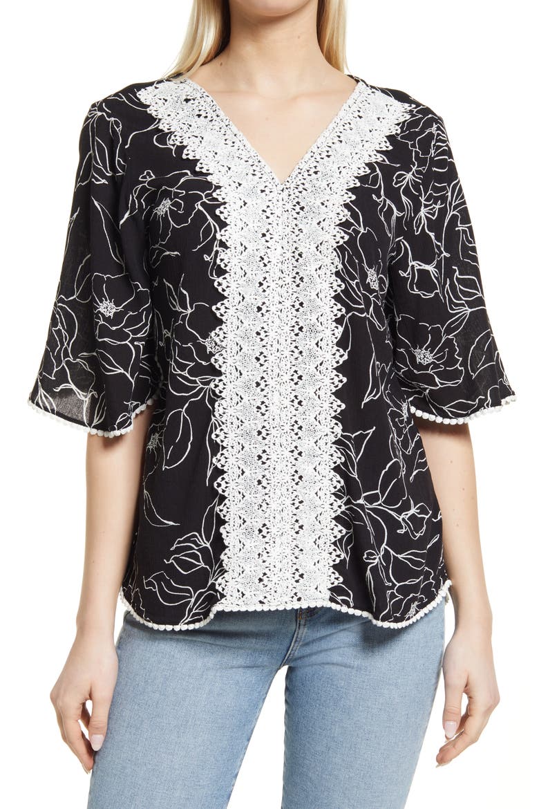 Lace Trim Floral Woven Blouse, Main, color, BLACK STENCIL
