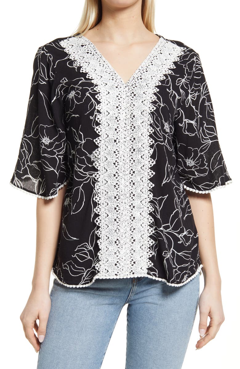 Bobeau Lace Trim Floral Woven Blouse, Main, color, 