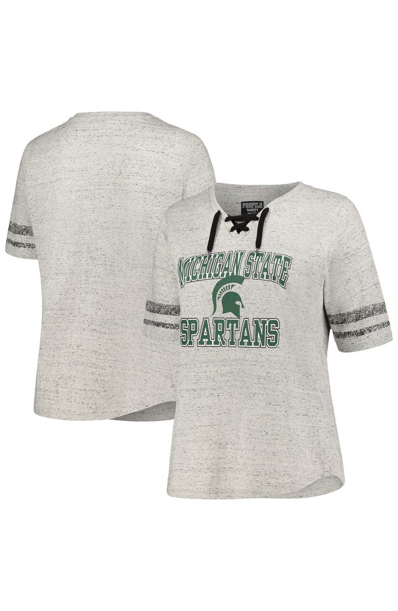 PROFILE Women's Profile Heather Gray Michigan State Spartans Plus Size Striped Lace-Up V-Neck T-Shirt, Main, color, Heather Gray