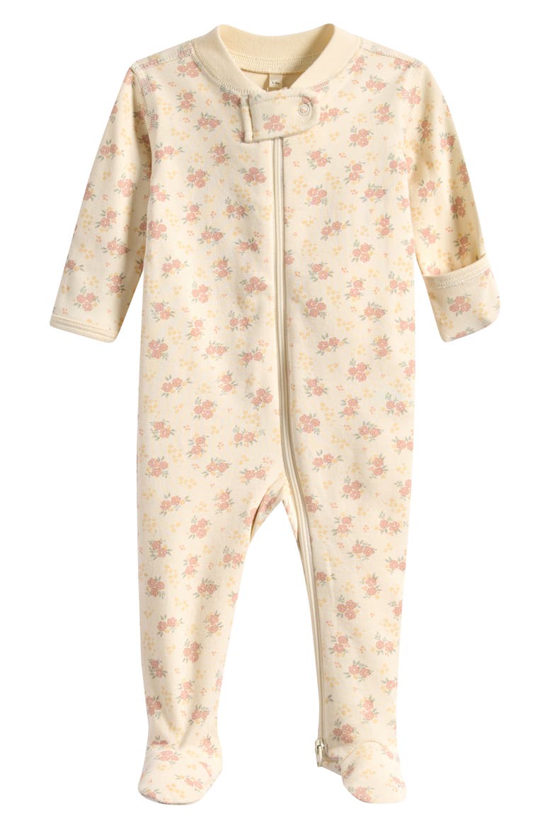 Floral Organic Cotton Zip Footie, Main, color, IVORY