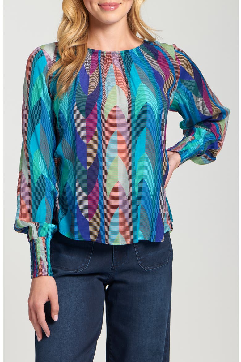 Printed Smocked Cuff Top, Main, color, TURQUOISE MULTI