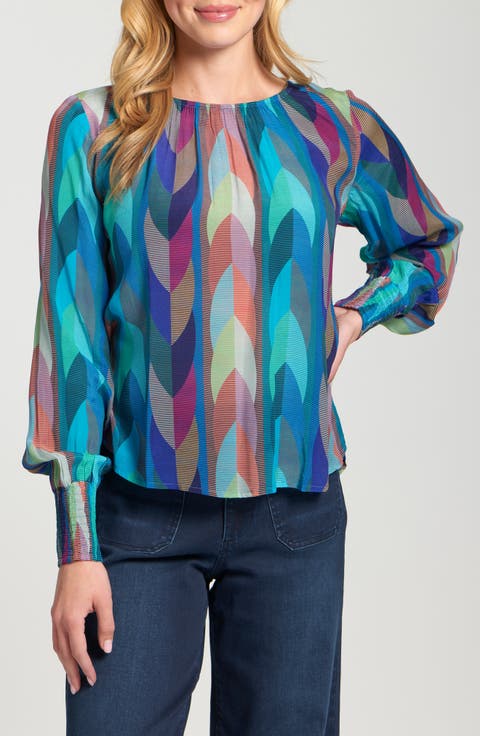 Printed Smocked Cuff Top