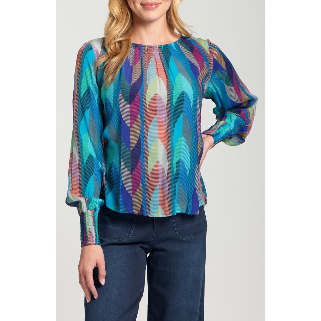 Apny Printed Smocked Cuff Top In Multi