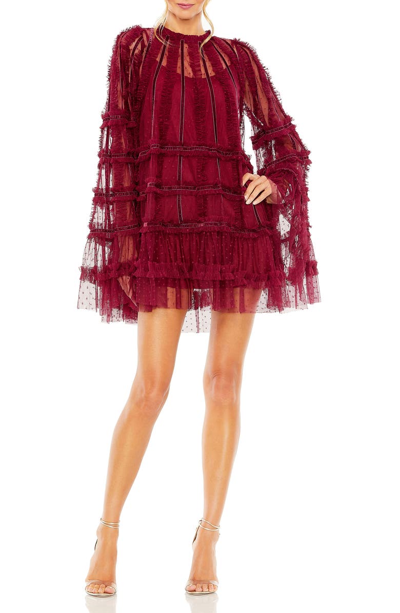 Mac Duggal High Neck Ruffle Bell Sleeve Trapeze Dress, Main, color, Crimson