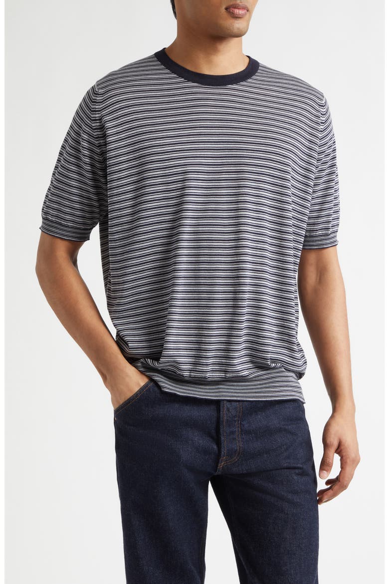 Howick Stripe Merino Wool & Sea Island Cotton T-Shirt, Main, color, NAVY/ CHALK