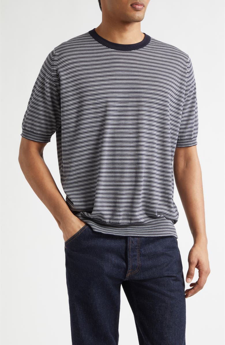 John Smedley Howick Stripe Merino Wool & Sea Island Cotton T-Shirt, Main, color, Navy/ Chalk