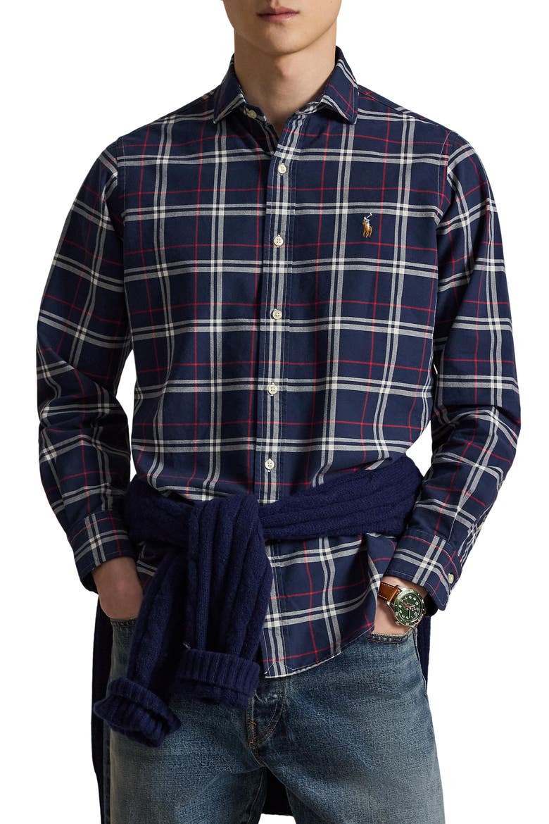 Plaid Long Sleeve Cotton Oxford Shirt, Main, color, NAVY/ RED