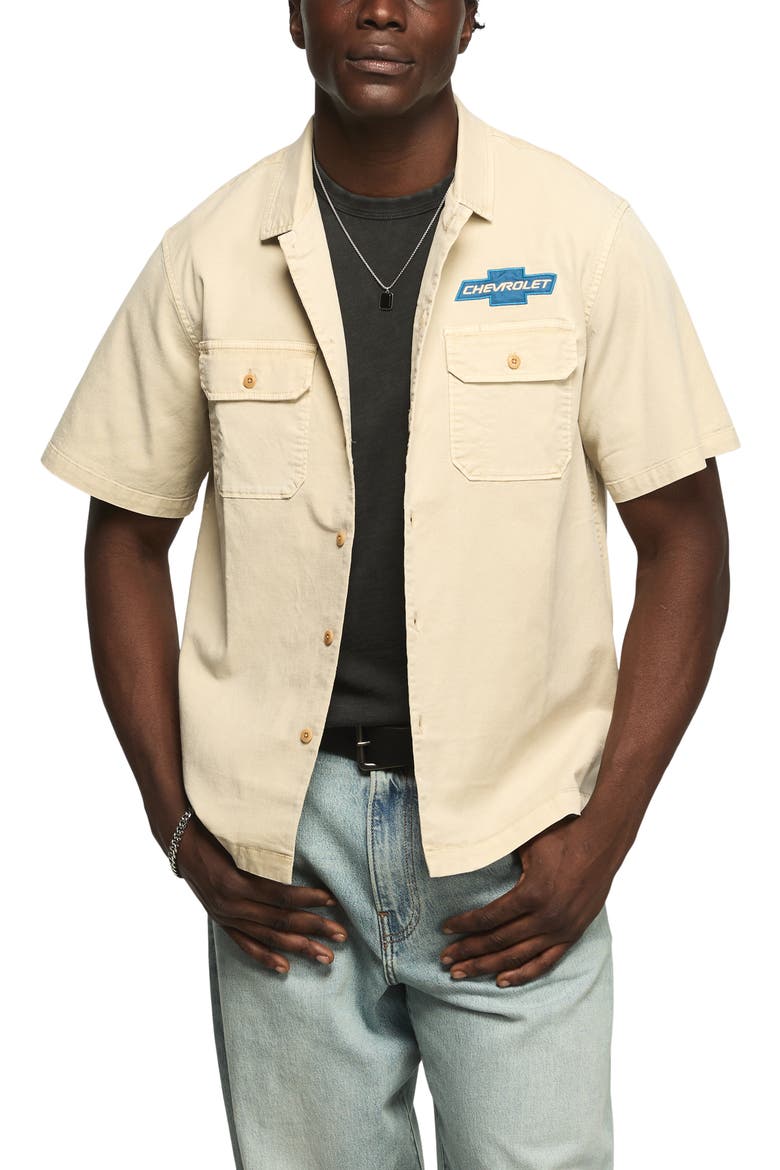 Chevy Garage Graphic Button-Up Shirt, Main, color, SILVER BIRCH