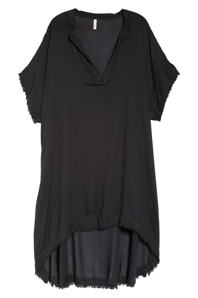 Fray Edge Cover-Up Caftan, Alternate, color, BLACK