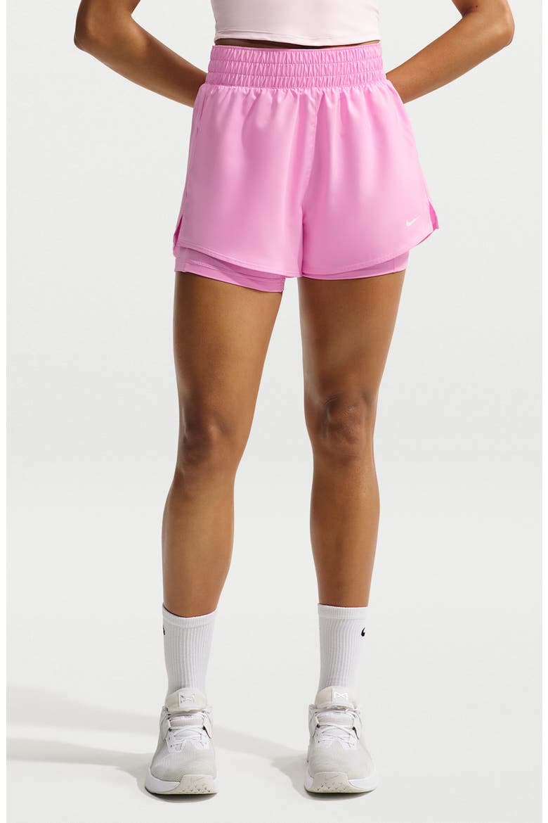 One Dri-FIT High-Waisted 3-Inch 2-in-1 Shorts, Main, color, PINK RISE/ WHITE