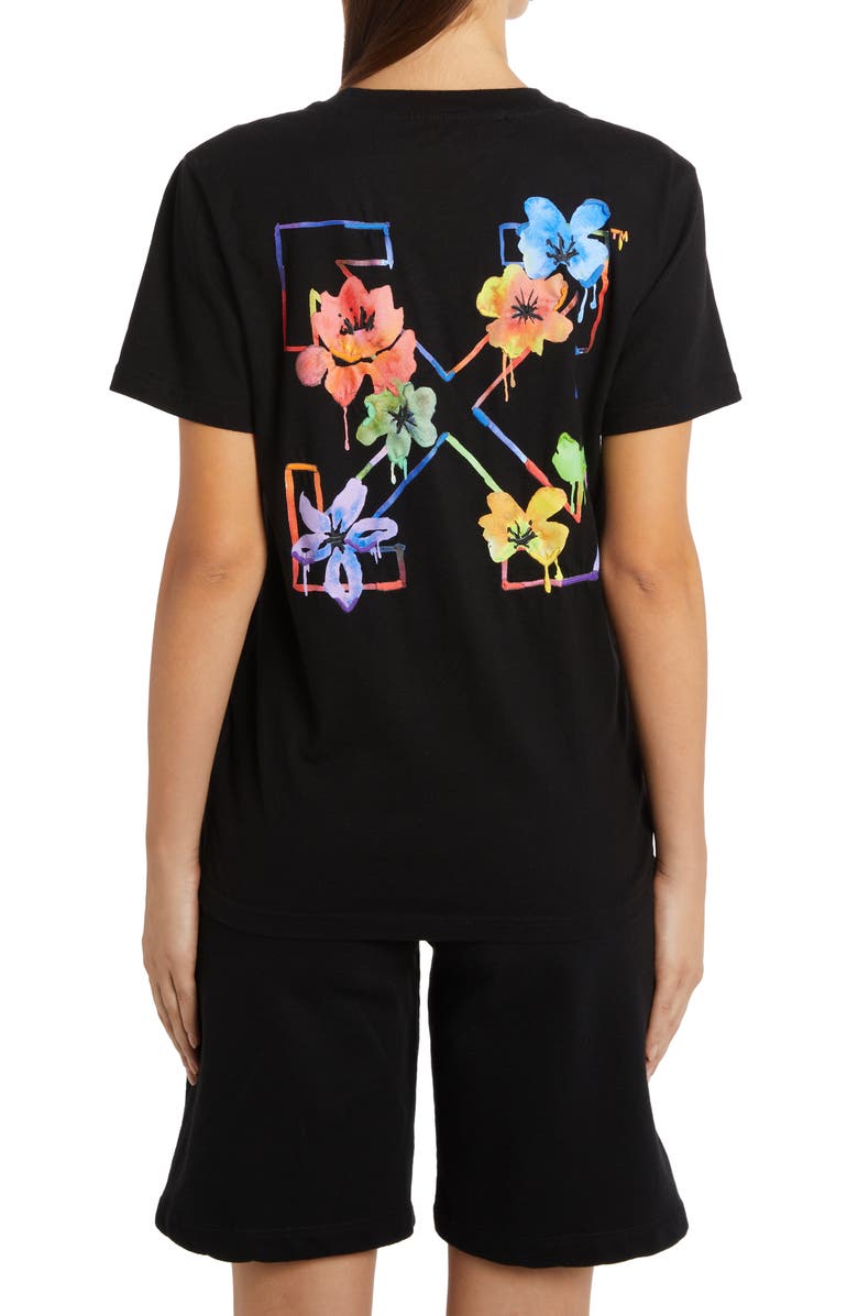 Off-White Floral Logo Embroidered Cotton Tee, Alternate, color, Black Multicolor