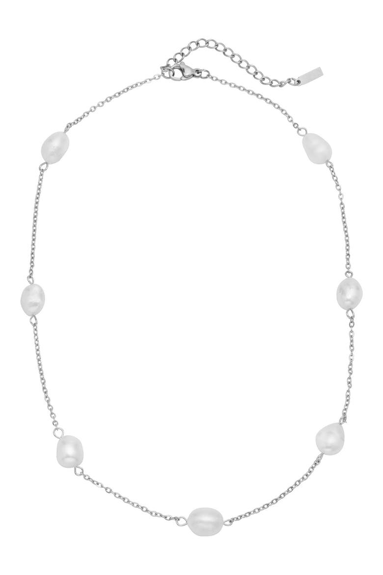 Freshwater Pearl Water Resistant Station Necklace, Main, color, WHITE GOLD