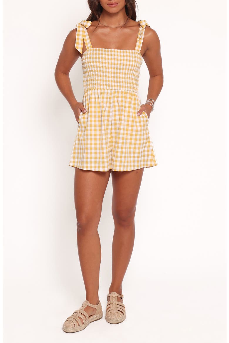 Simo Tie Strap Romper, Main, color, YELLOW GINGHAM