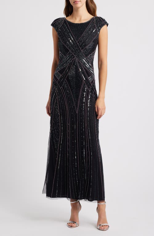 Pisarro Nights Beaded Cap Sleeve Cocktail Dress in Black 