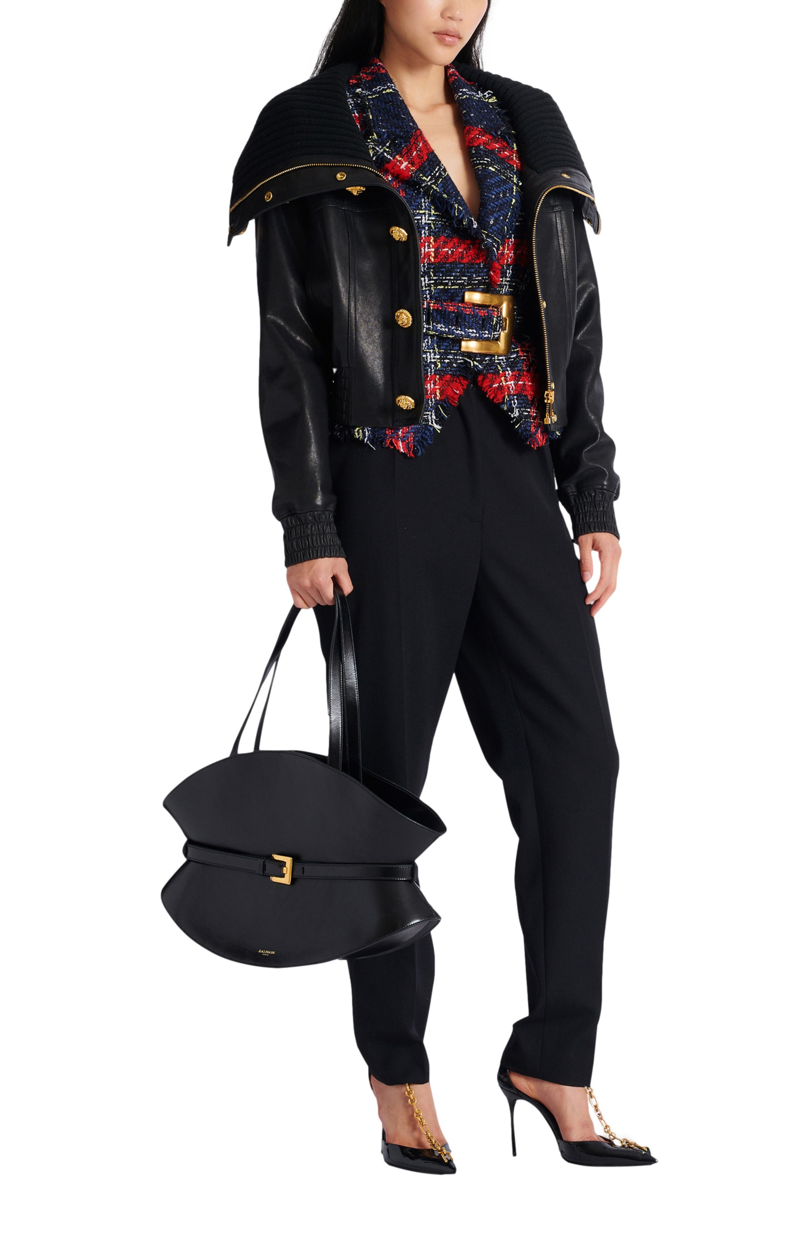 Balmain Medium Shuffle bag in calfskin leather, Alternate, color, 