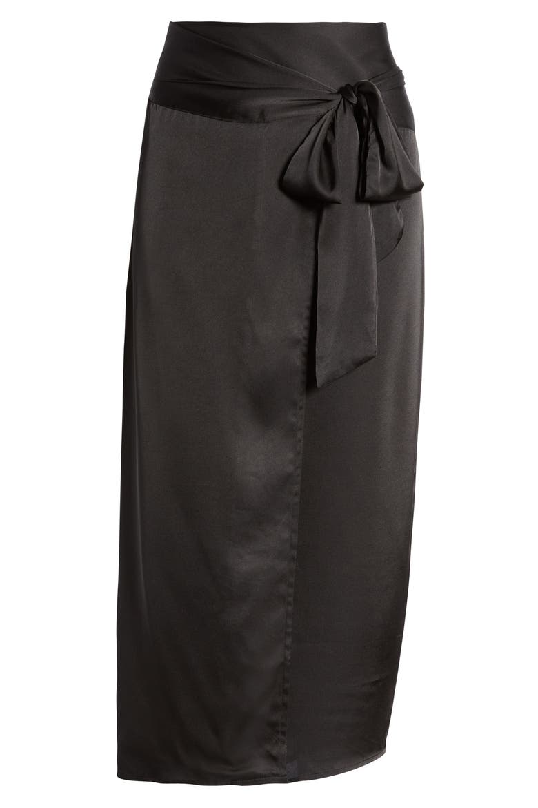 Satin Wrap Midi Skirt, Alternate, color, BLACK