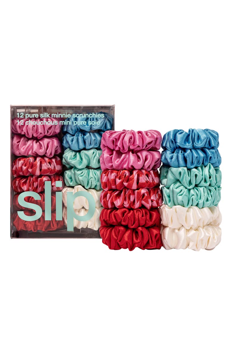 slip Set of 12 Minnie Pure Silk Scrunchies, Main, color, Sundown