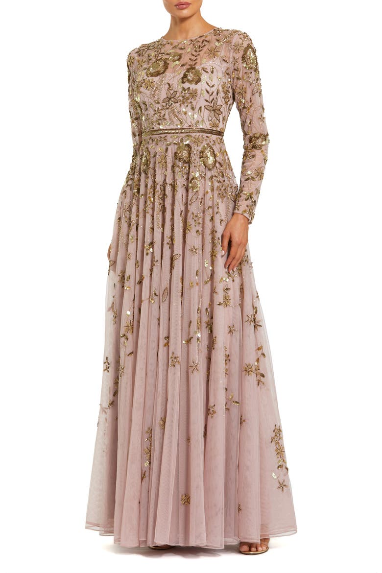Long Sleeve Hand Embellished Floral A-line Gown, Main, color, Mocha Multi