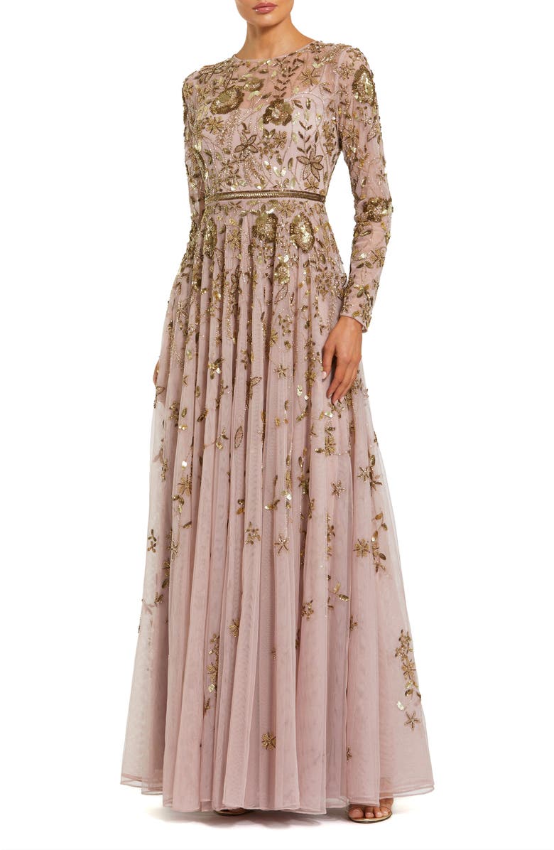 Mac Duggal Women's Long Sleeve Mesh Floral Embellished Gown, Main, color, Mocha Multi