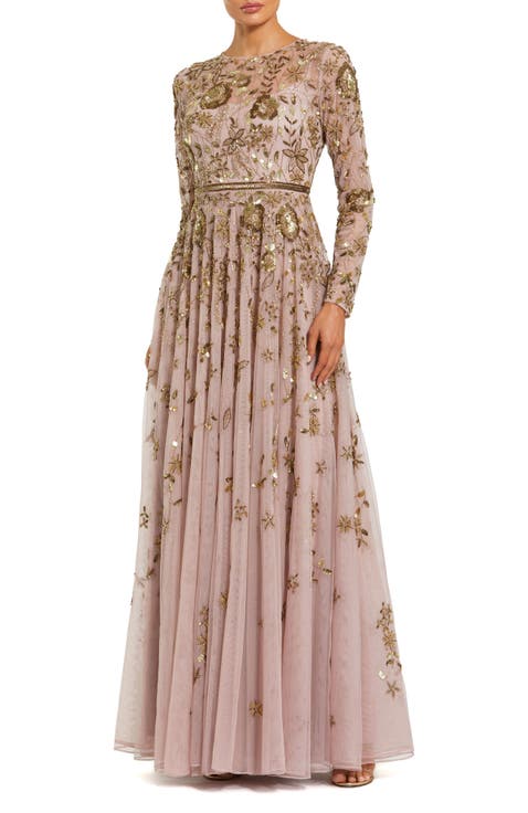 Women's Long Sleeve Mesh Floral Embellished Gown