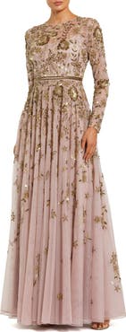 Mac Duggal Long Sleeve Hand Embellished Floral A-line Gown
