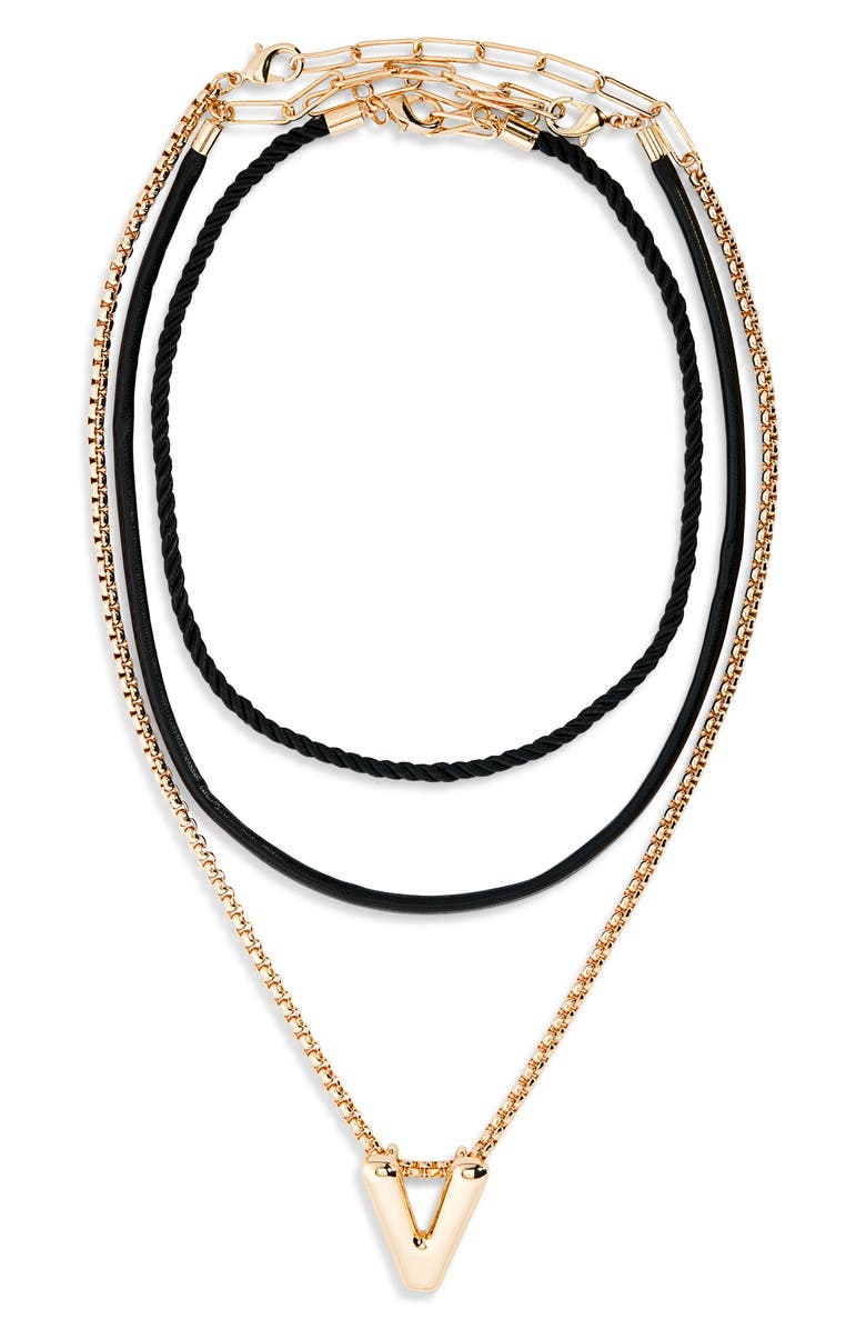 Open Edit Set of 3 Interchangeable Initial Pendant Necklaces, Main, color, V- Black- Gold