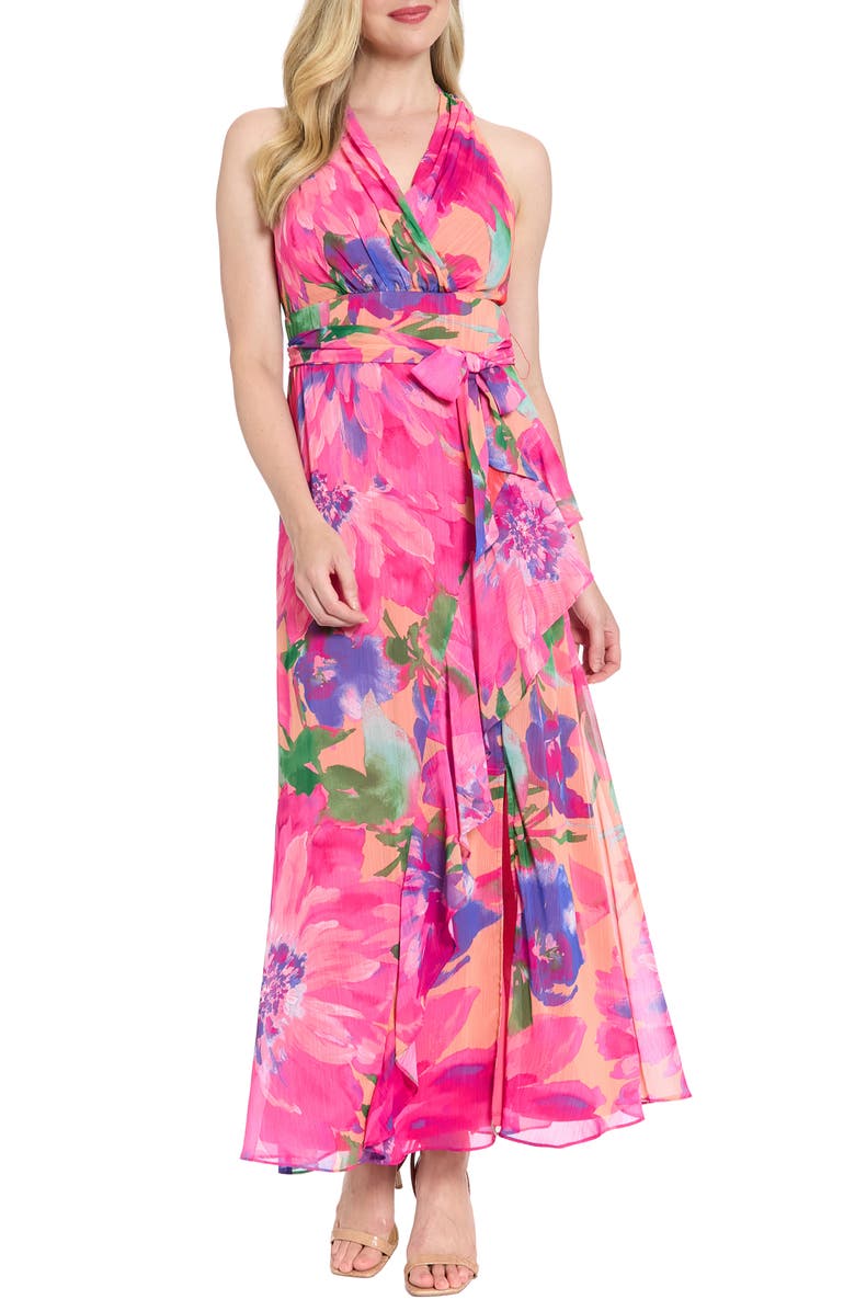 London Times Floral Halter Tie Belt Maxi Sheath Dress, Main, color, Peach/ Hot Pink