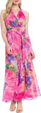 London Times Floral Halter Tie Belt Maxi Sheath Dress