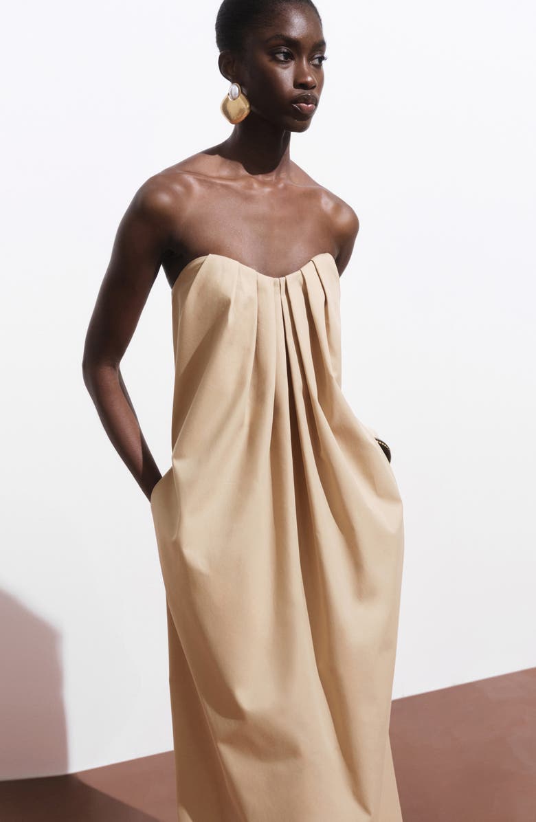 MANGO Strapless Pleat Front Dress, Main, color, Medium Brown