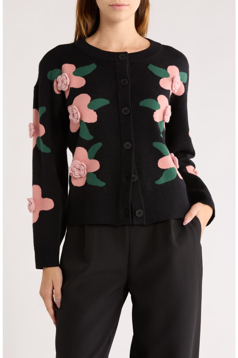 3D Peony Cardigan, Main, color, BLACK/ CORAL HAZE