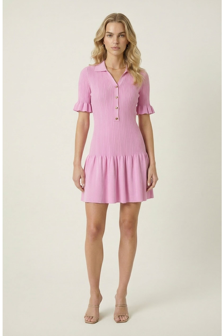 Pleated Mini Dress with Ruffle Hem and Button Front, Main, color, Pastel Pink
