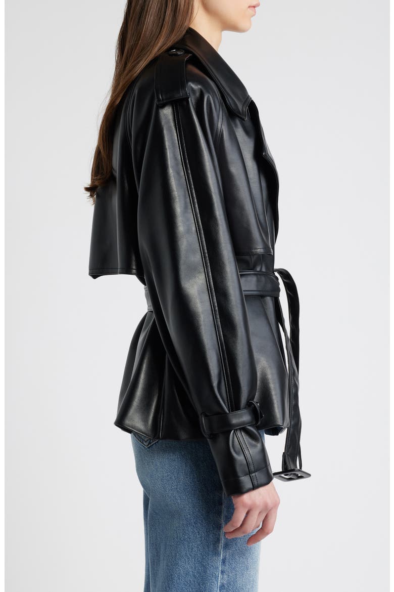 Tie Waist Faux Leather Trench Coat, Alternate, color, BLACK