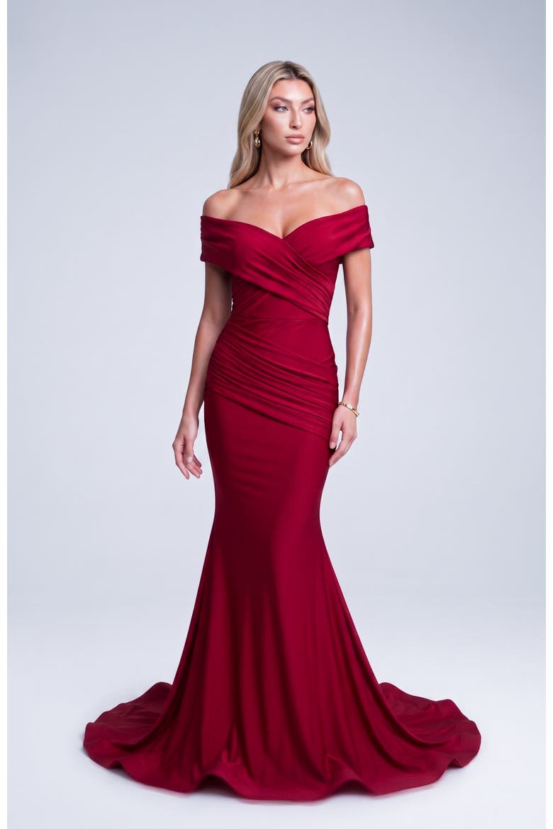 Off The Shoulder Ruched Mermaid Evening Gown, Alternate, color, Red