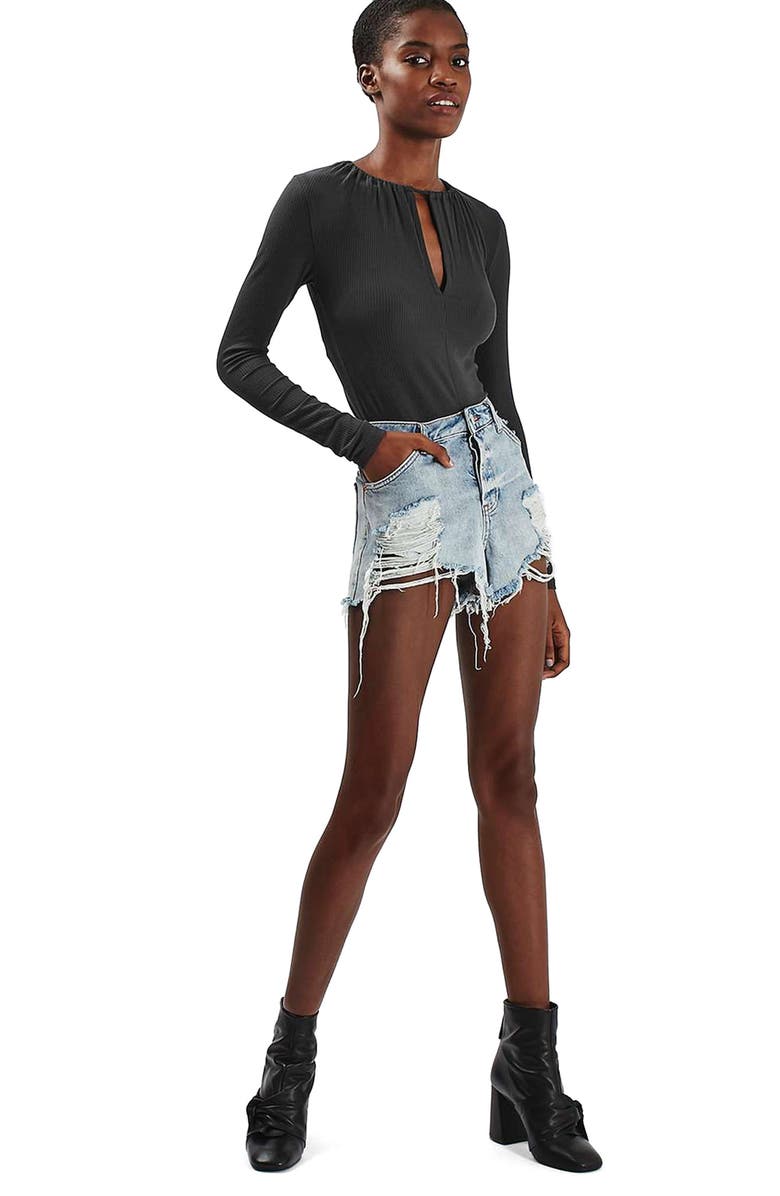 Topshop Keyhole Ribbed Bodysuit, Alternate, color,