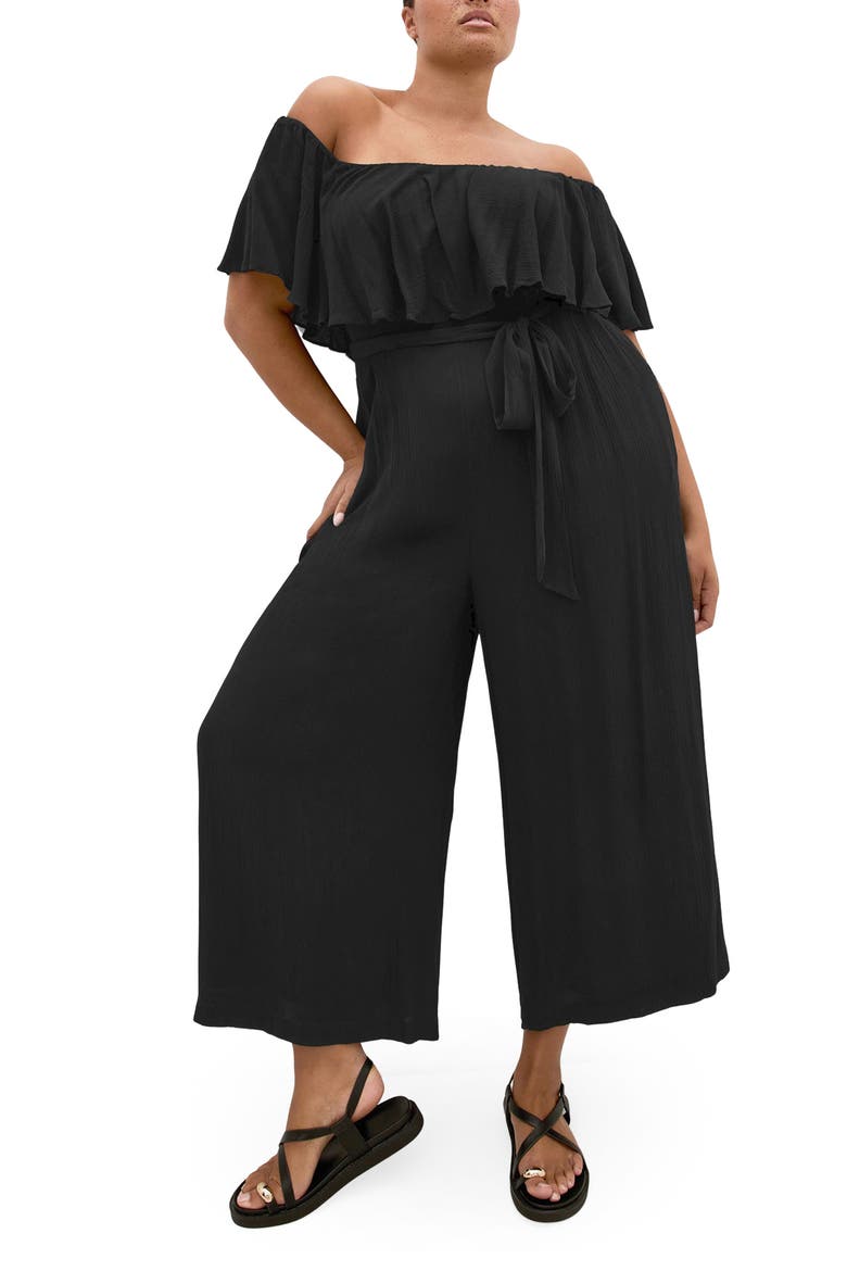 Emery Off the Shoulder Wide Leg Jumpsuit, Main, color, BLACK