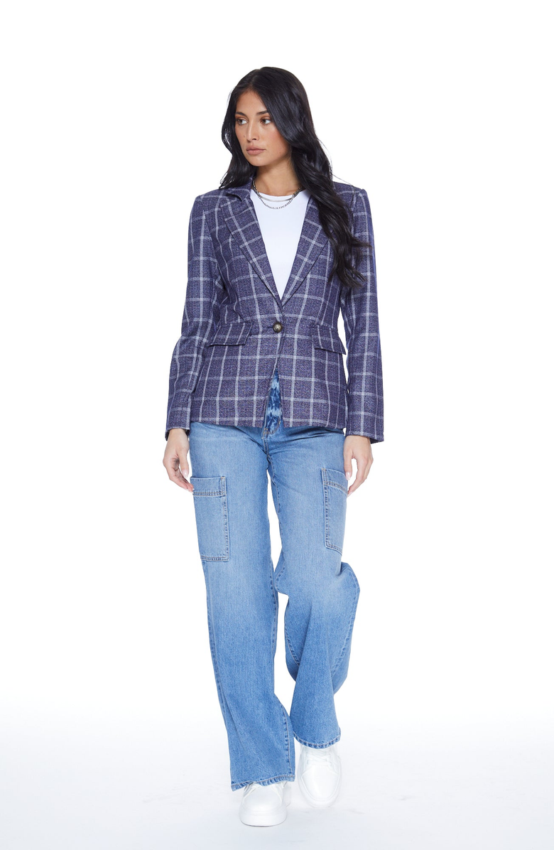 BLUE REVIVAL Hooded Helen Blazer in Navy Plaid and Heather Cement, Alternate, color, Navy Plaid / Heather Cement