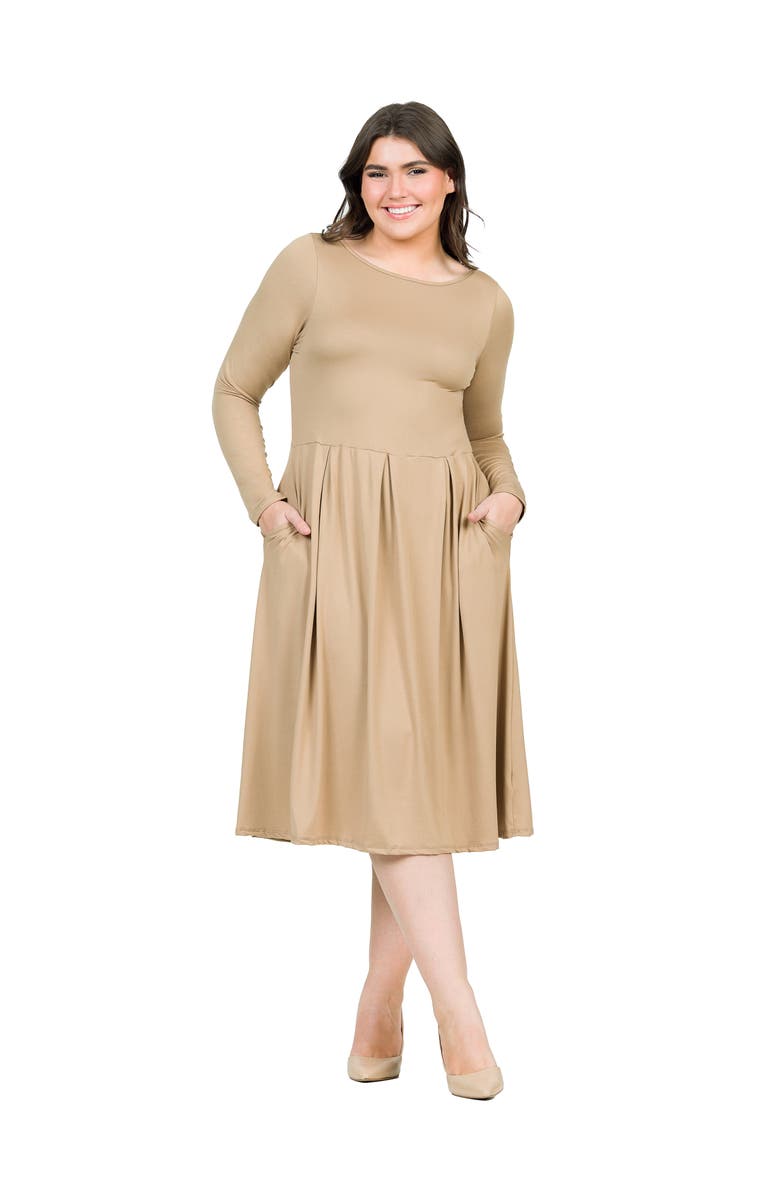 24seven Comfort Apparel Long Sleeve Fit and Flare Midi Dress, Main, color, Wheat
