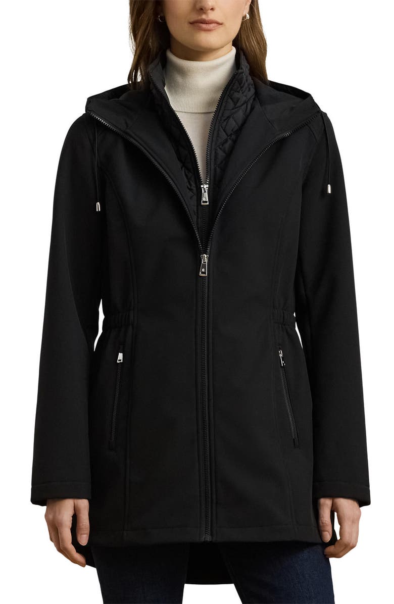 Lauren Ralph Lauren Hooded Soft-Shell Jacket with Interior Quilted Bib, Main, color, Black
