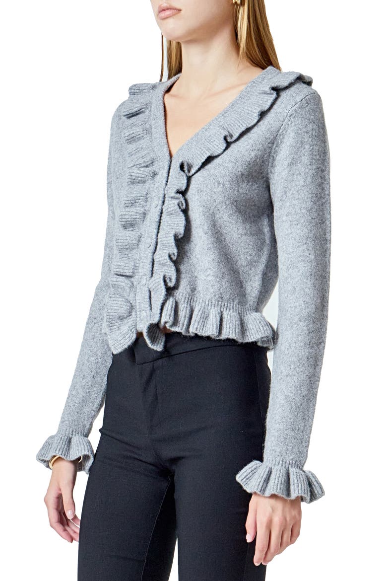 Ruffle Crop Cardigan, Alternate, color, GREY
