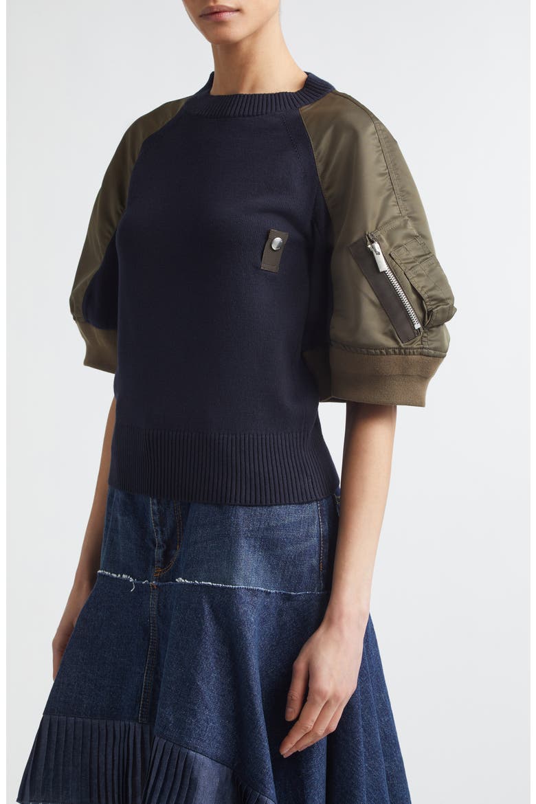 Mixed Media Knit & Nylon Twill Cardigan, Main, color, NAVY/ DARK KHAKI