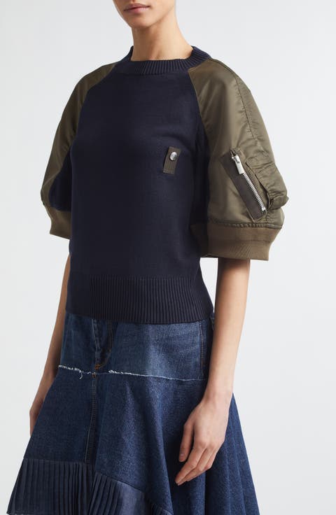 Mixed Media Knit & Nylon Twill Cardigan