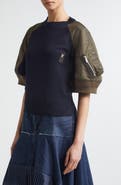 Sacai Mixed Media Knit & Nylon Twill Cardigan