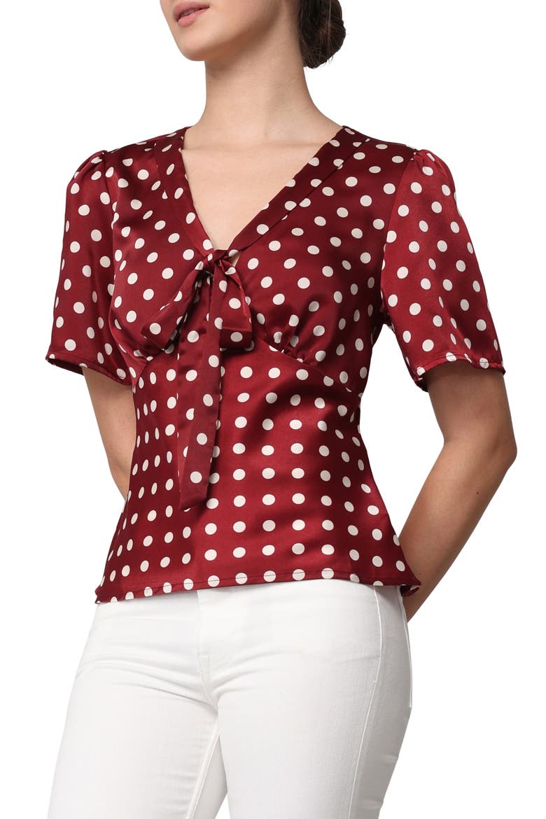 Tie Neck Short Sleeve Satin Top, Alternate, color, MAROON BONE DOT
