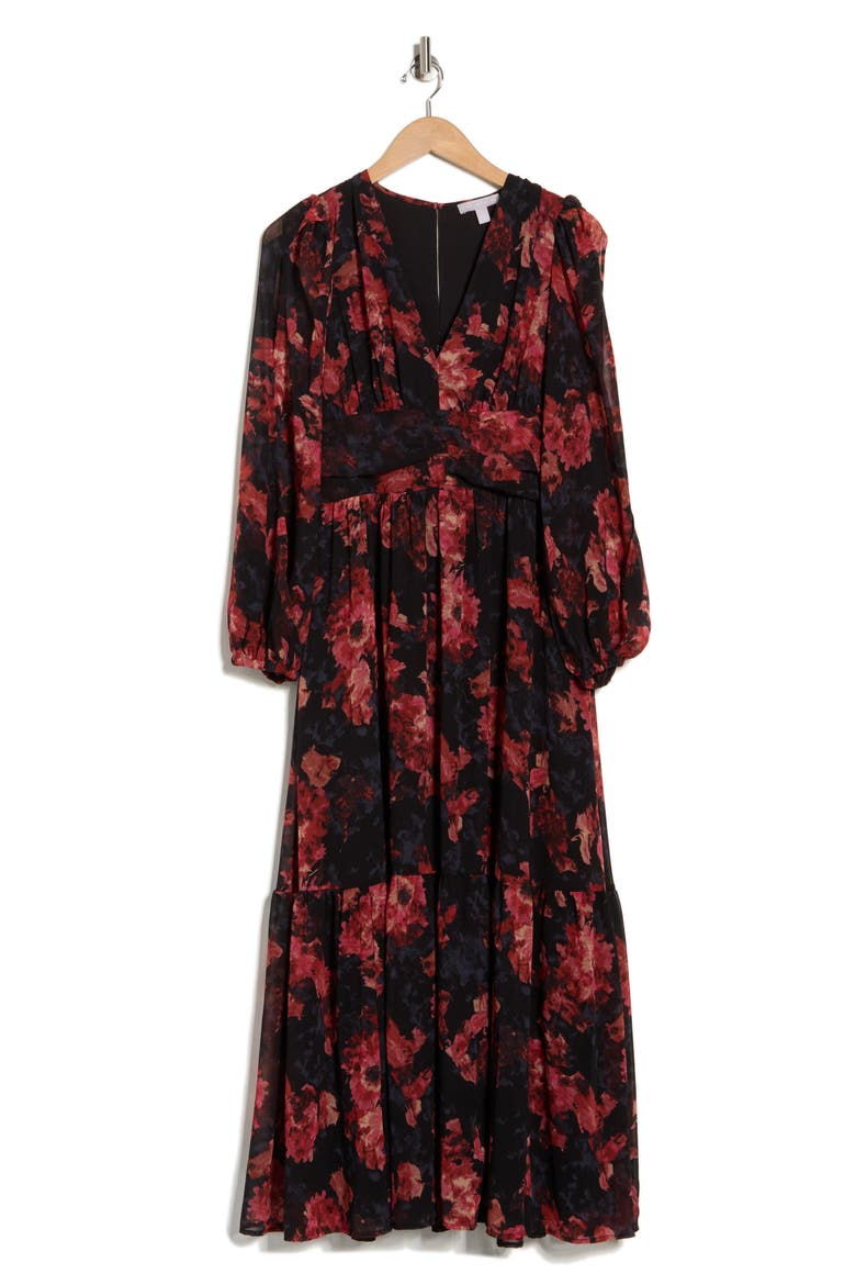 Split Long Sleeve Tiered Dress, Alternate, color, BLACK- PINK CANVASED BLOOMS