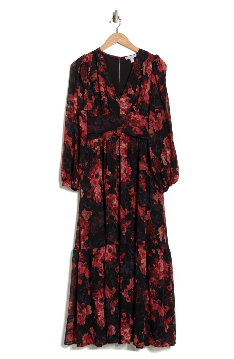 Chelsea28 Split Long Sleeve Tiered Dress, Alternate, color, Black- Pink Canvased Blooms