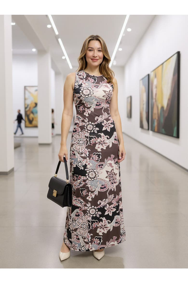 Womens Essential Sleeveless Side Slit Bodycon A-Line Maxi Dress, Alternate, color, Brown Multi