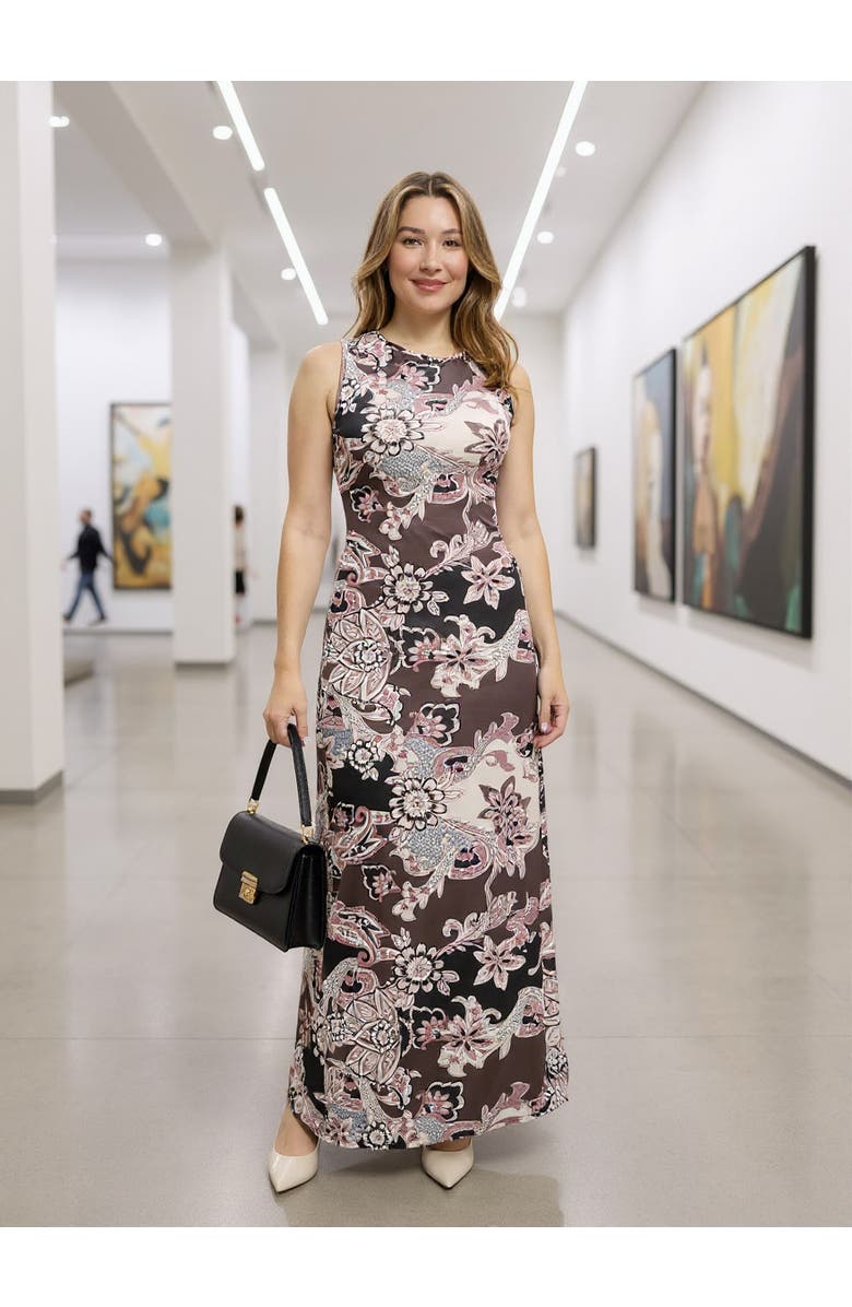 24seven Comfort Apparel Womens Essential Sleeveless Side Slit Bodycon A-Line Maxi Dress, Alternate, color, Brown Multi