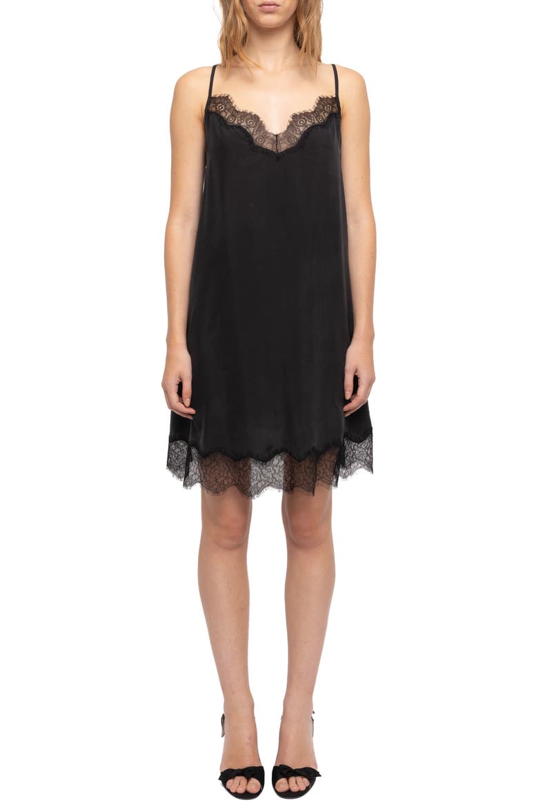 Respas Lace Trim Silk Slipdress, Main, color, BLACK