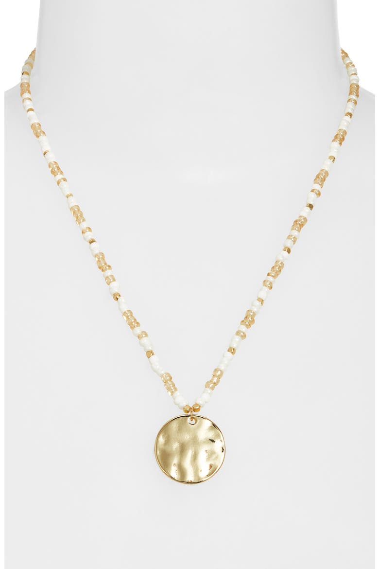 Hammered Coin Pendant Beaded Necklace, Alternate, color, IVORY- GOLD